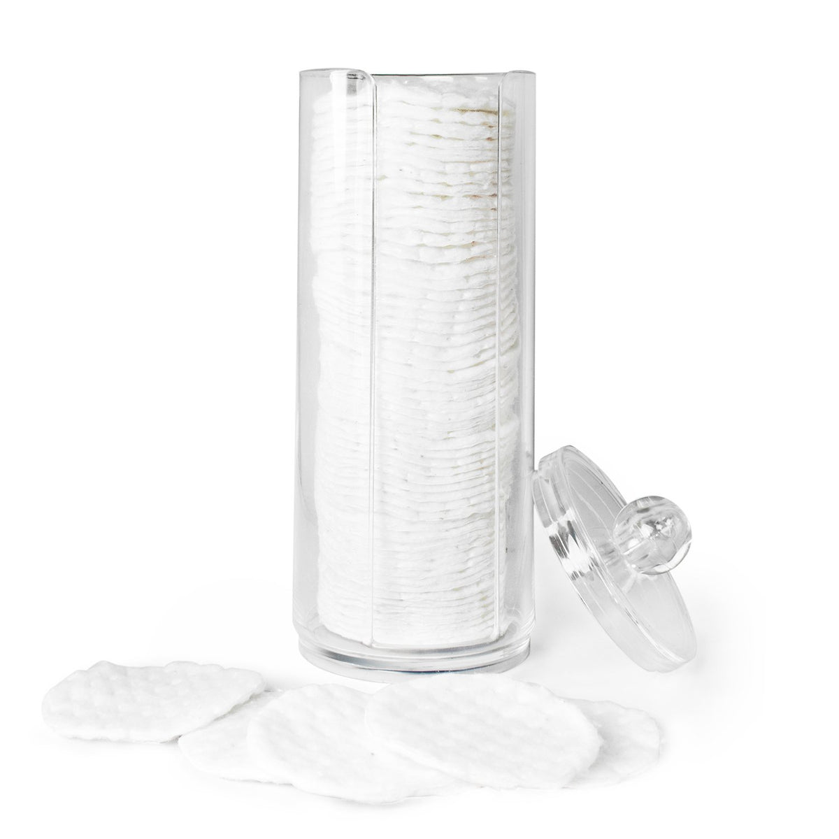 Super Z Outlet cotton pad holder in clear acrylic, front view for organized vanity.