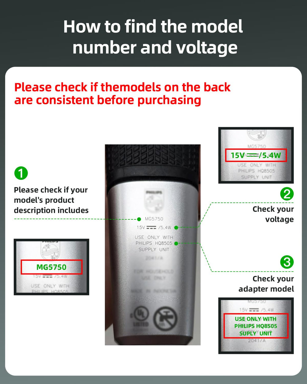 Global 100-240V input on Superer charger for Philips Norelco devices.