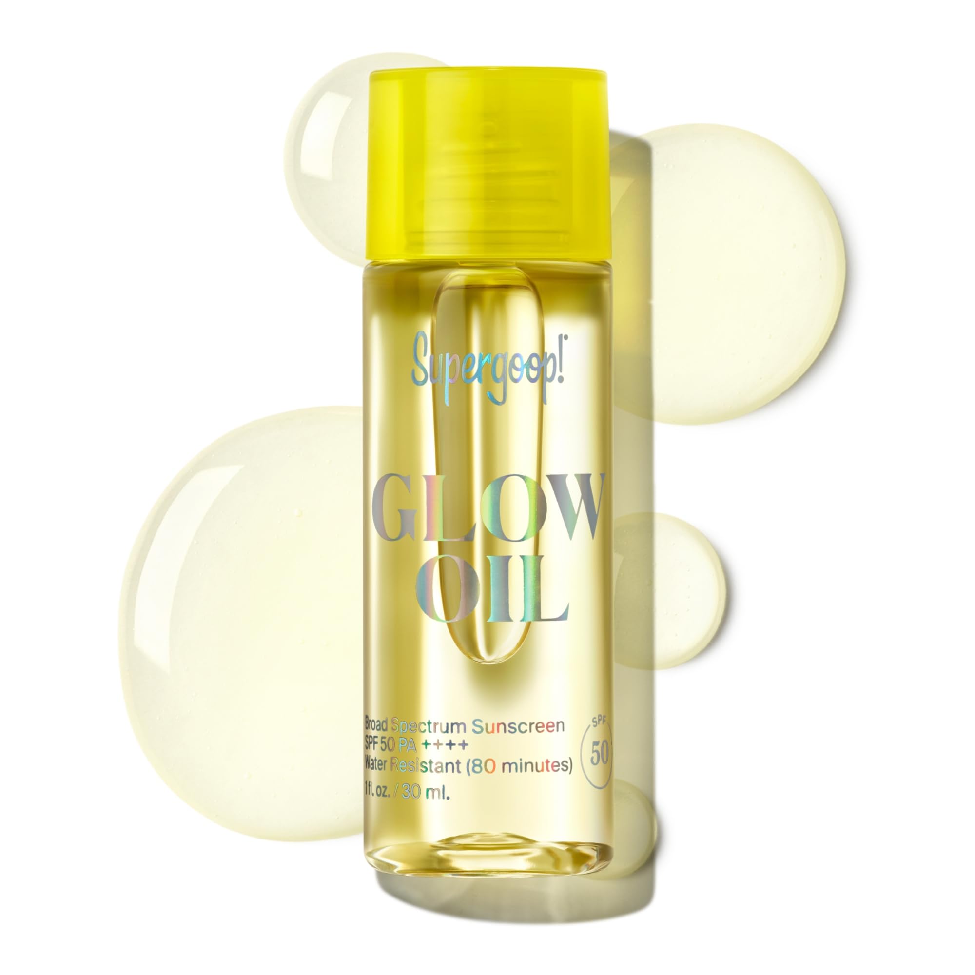Supergoop! Glow Oil bottle showing SPF 50 protection and lightweight hydration