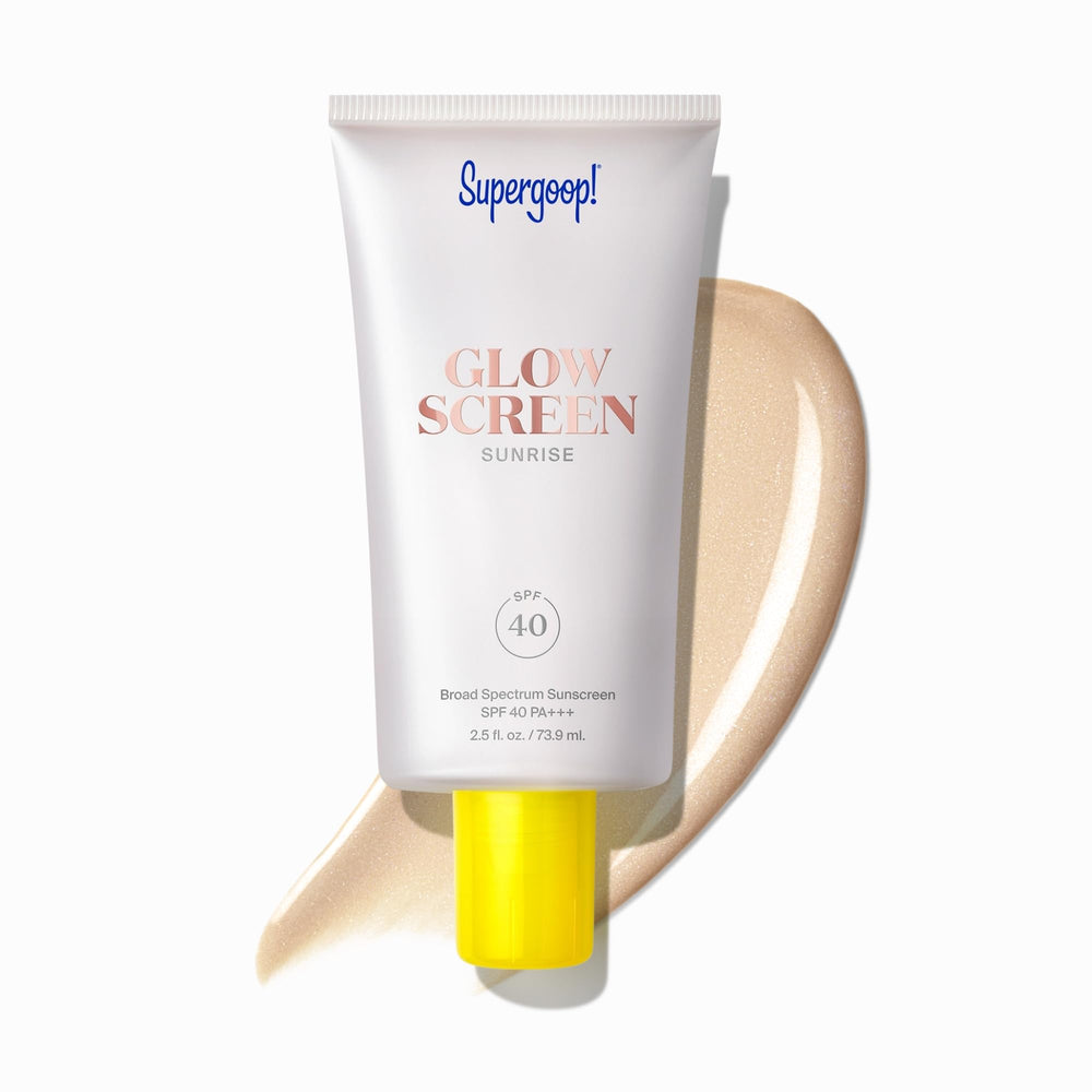 Supergoop! Glowscreen bottle with pump, SPF 40, and glow primer in one.