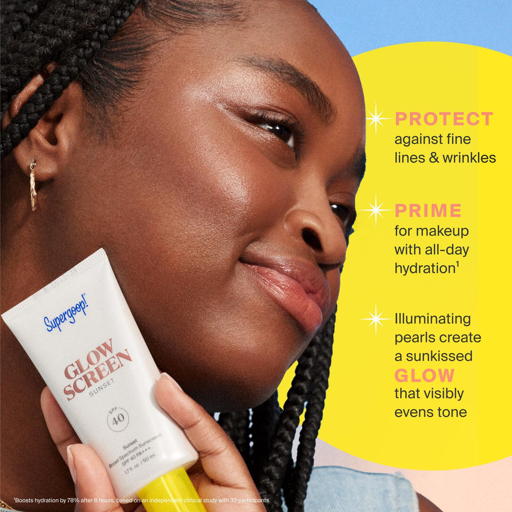Supergoop! Glowscreen Golden Hour blue light protection icon signals daily defense.