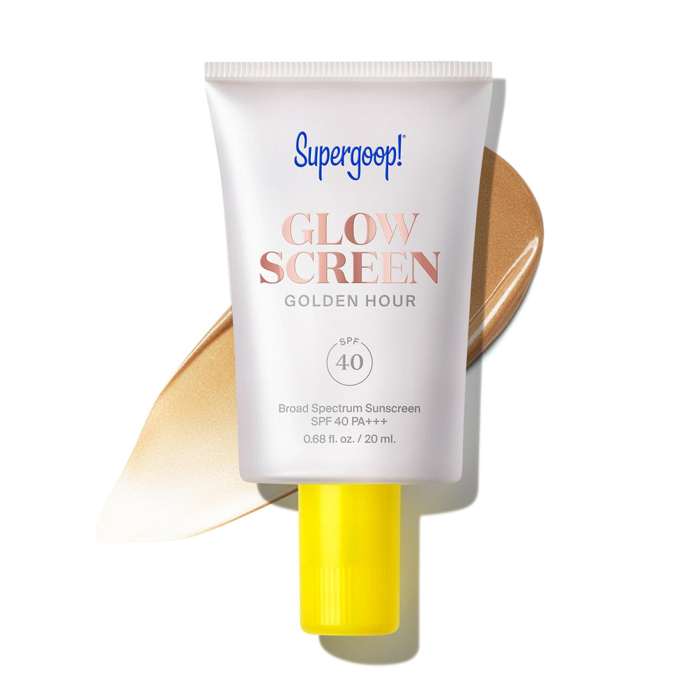Supergoop! Glowscreen Golden Hour bottle showing SPF 40 glow and hydration.