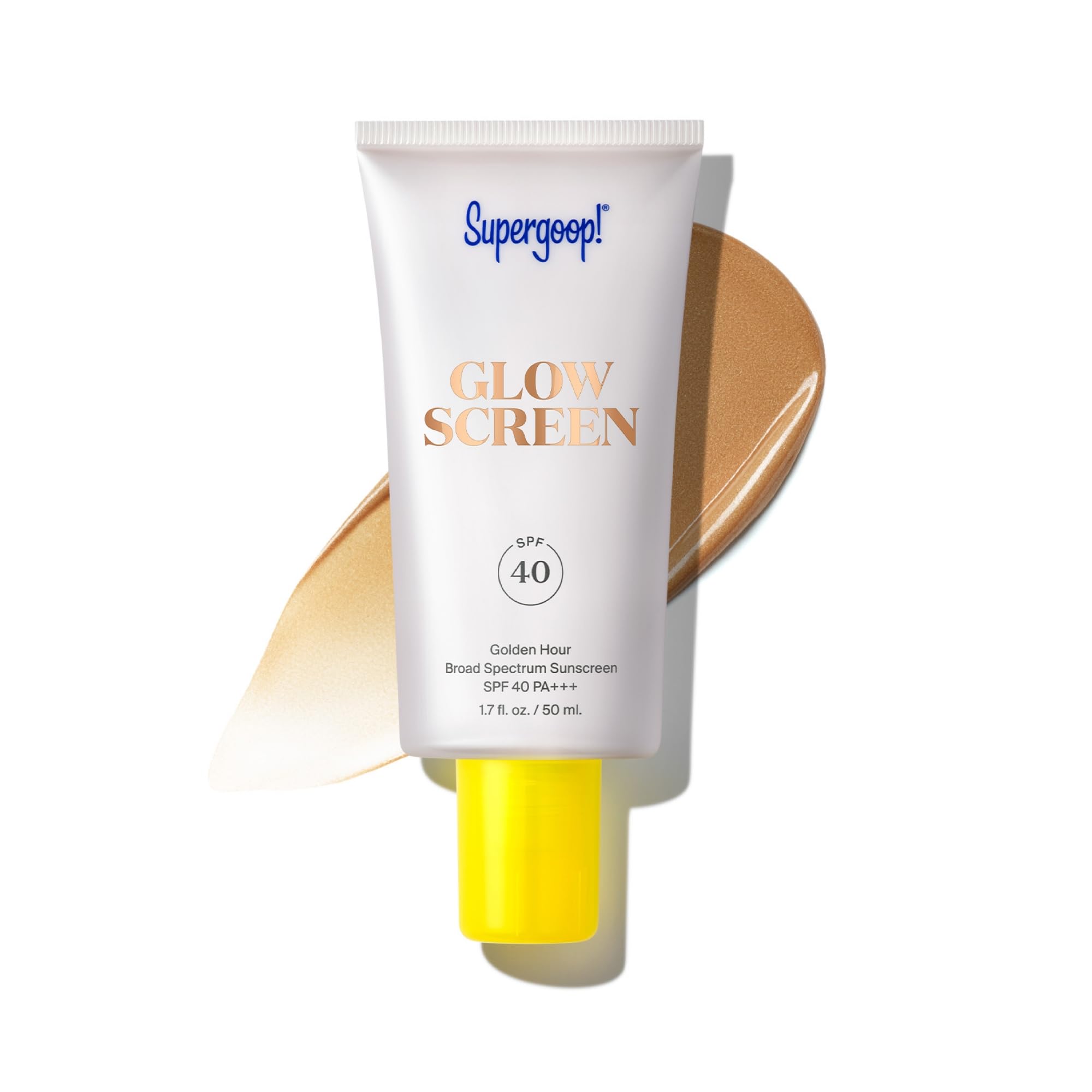 Supergoop! Glowscreen Golden Hour bottle shows bronzed glow and SPF 40 protection.