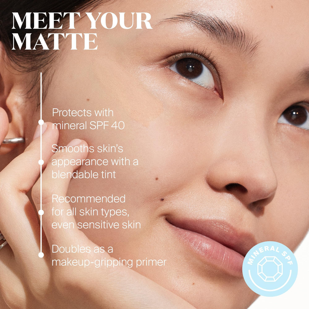 Skin texture close-up showing natural matte finish and shine control with Mattescreen.