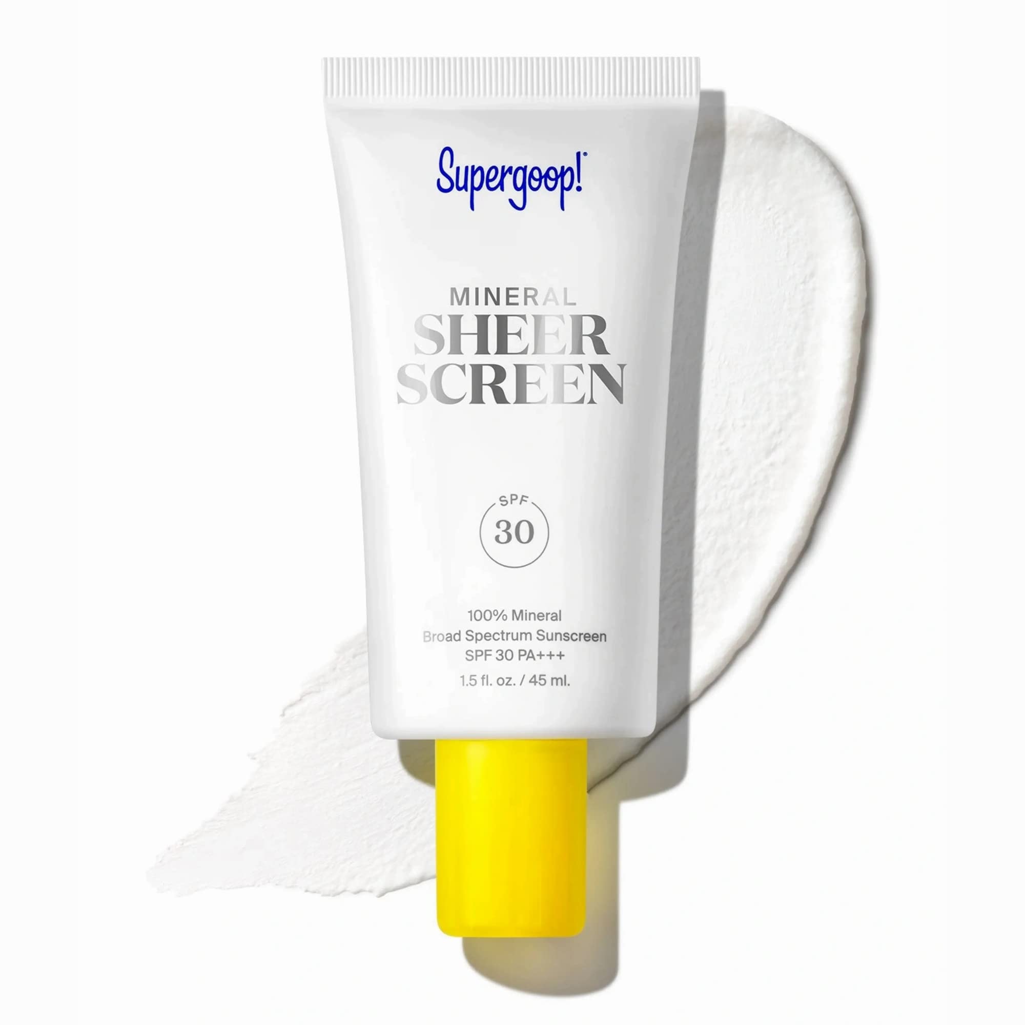 Supergoop! Mineral Sheerscreen bottle closeup showing a lightweight, sheer finish with SPF 30.