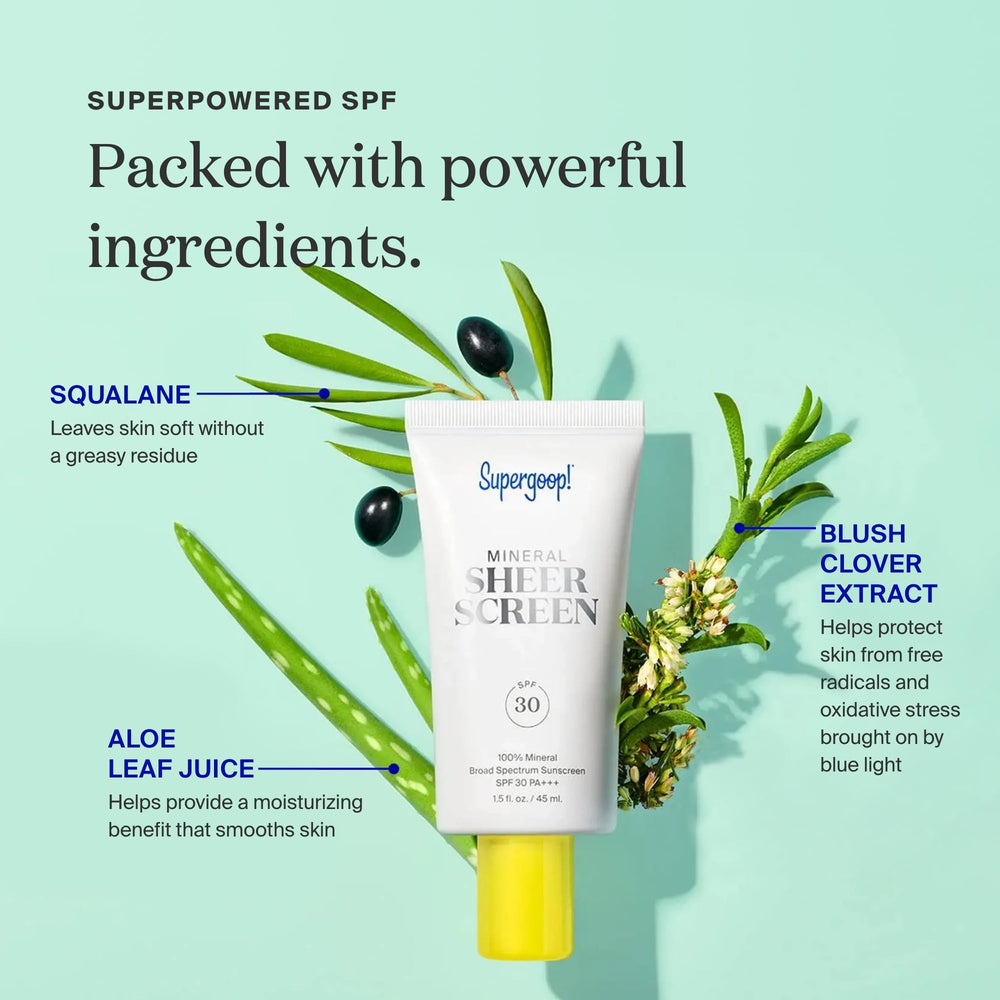 Supergoop! Mineral Sheerscreen packaging image emphasizes compact, travel-friendly sunscreen design.