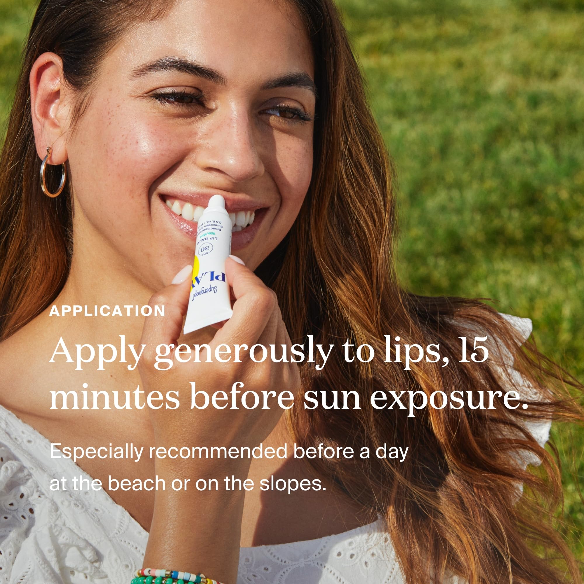 Supergoop PLAY Lip Balm mint enriched with honey and shea for nourishment.