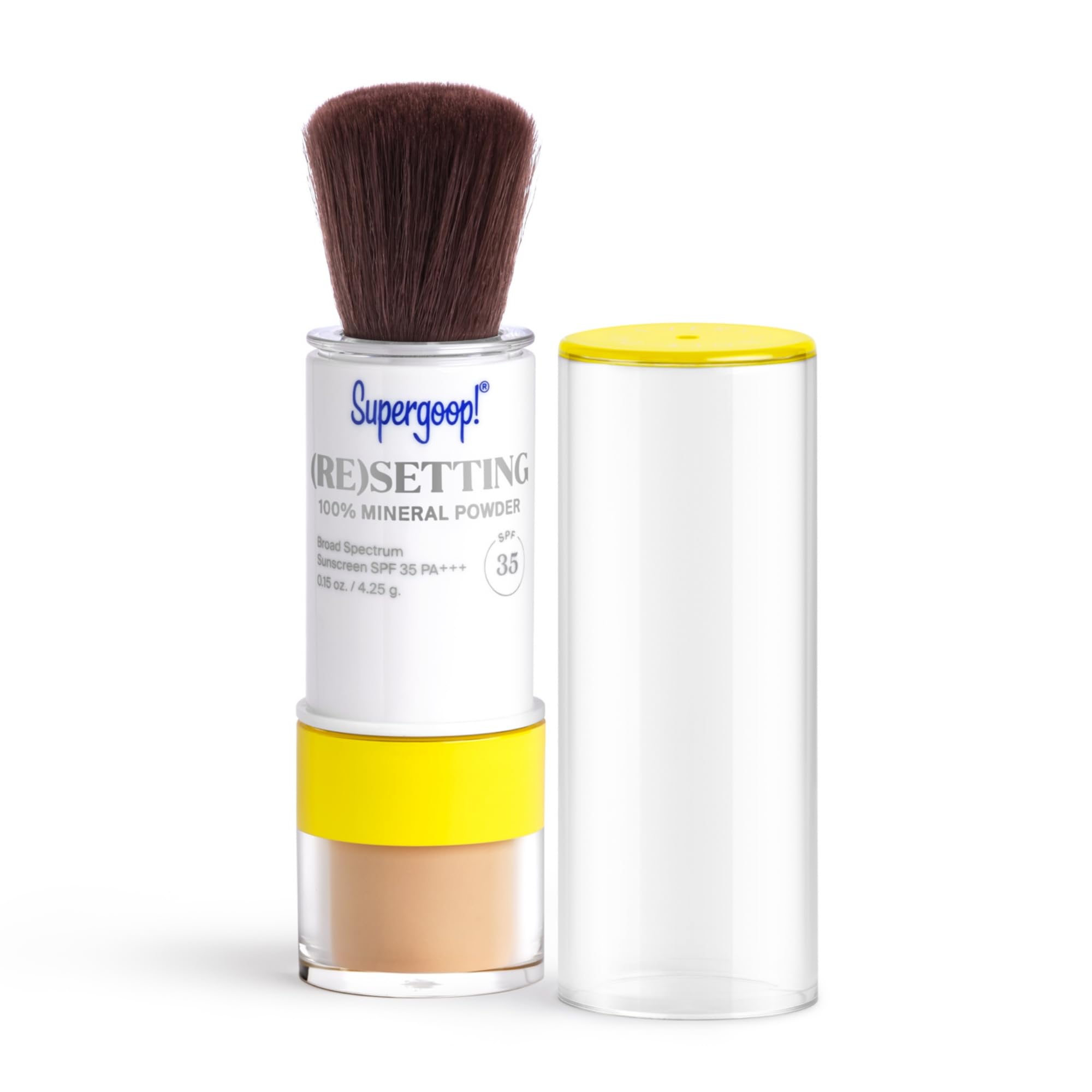 Supergoop! ReSetting Powder with brush close-up for precise matte finish