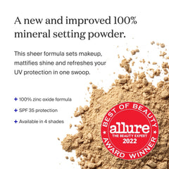 Supergoop! ReSetting Powder twist-lock brush shown for mess-free on-the-go touch-ups