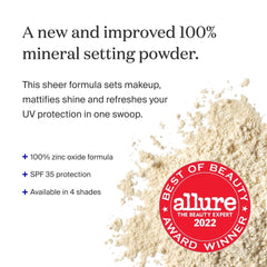 Supergoop! SPF 35 translucent powder compact highlighting shine control for a flawless look.