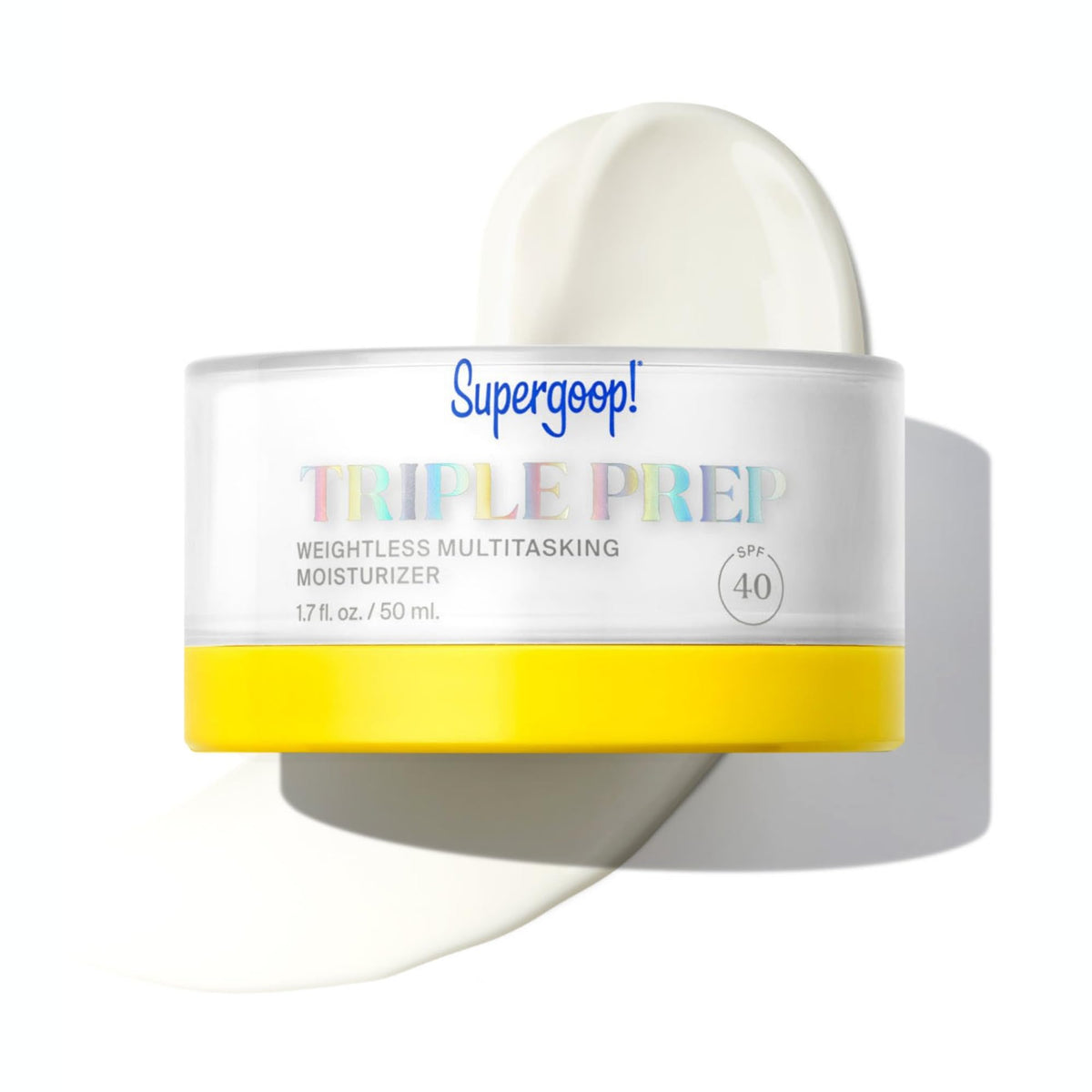 Supergoop! Triple Prep bottle closeup highlights weightless hydration and SPF 40 protection.