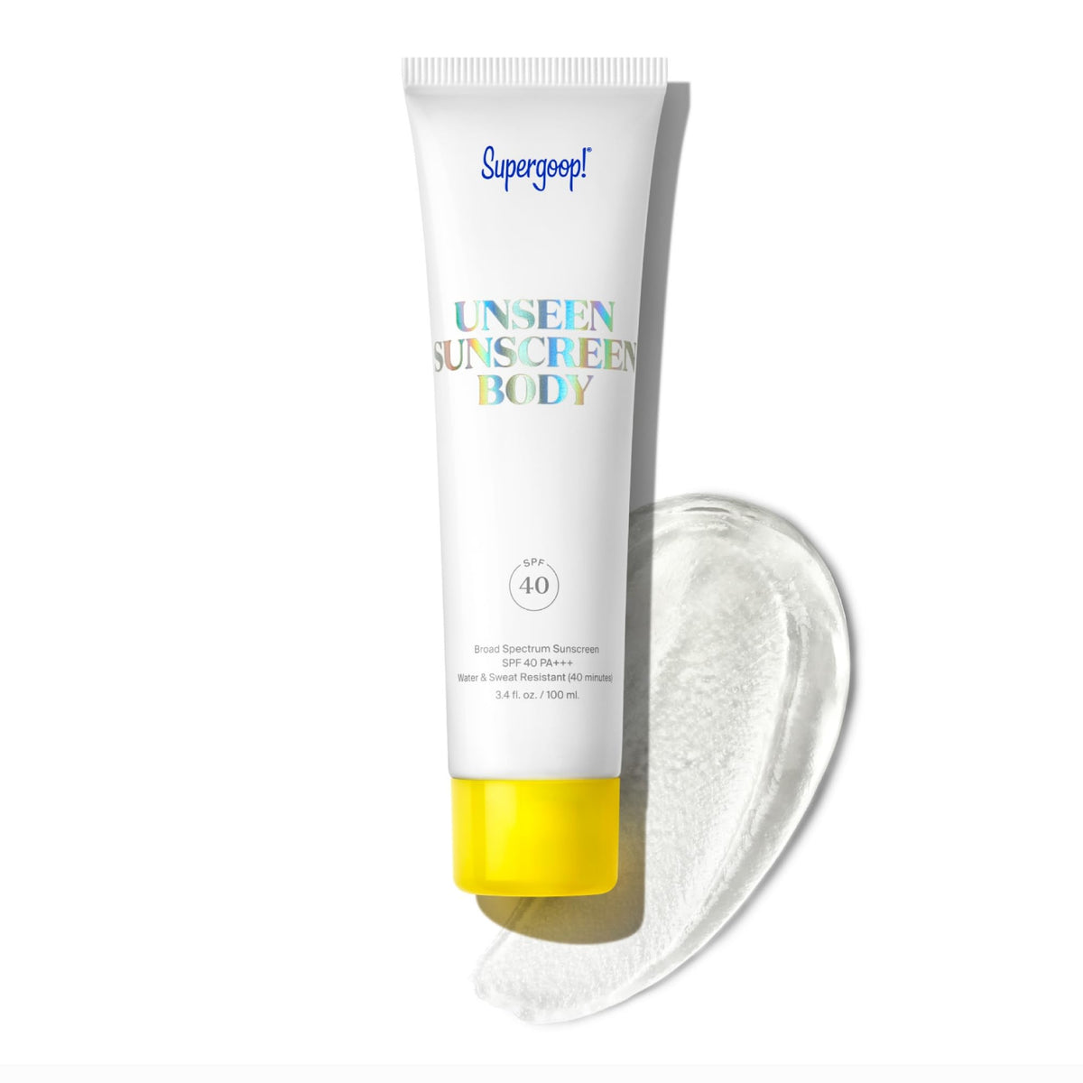 Supergoop! Unseen Sunscreen Body bottle demonstrates invisible, weightless protection for all skin types.
