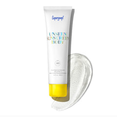 Supergoop! Unseen Sunscreen Body bottle demonstrates invisible, weightless protection for all skin types.