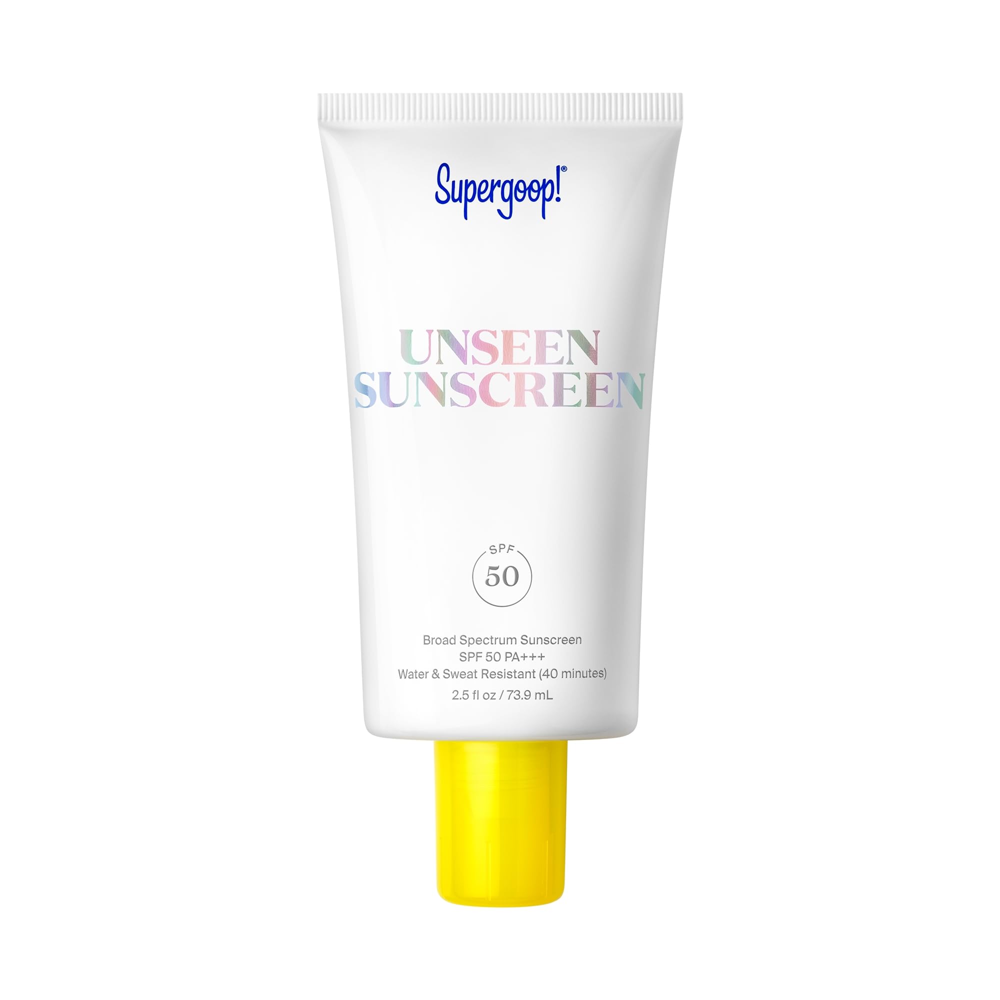 Supergoop! Unseen Sunscreen bottle shows a clear finish for all skin tones.
