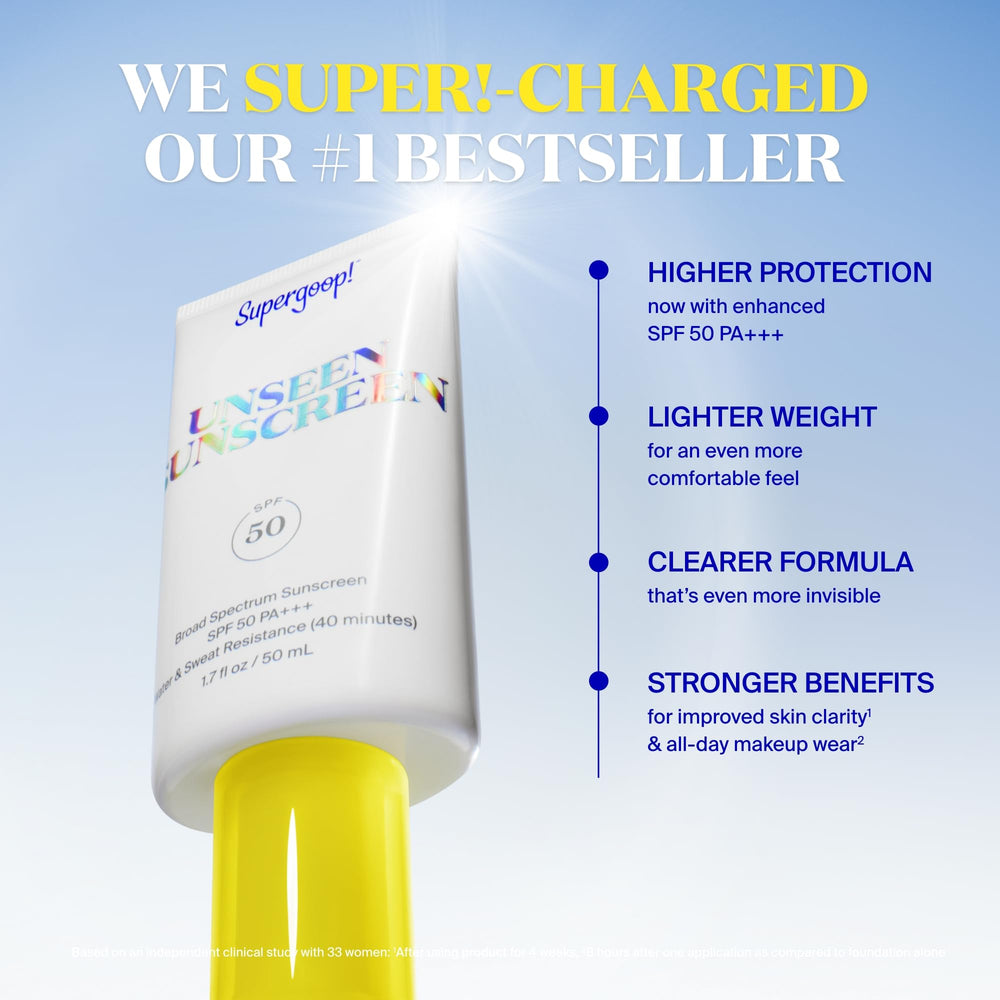 Supergoop! Unseen Sunscreen provides broad-spectrum protection with a clear finish.