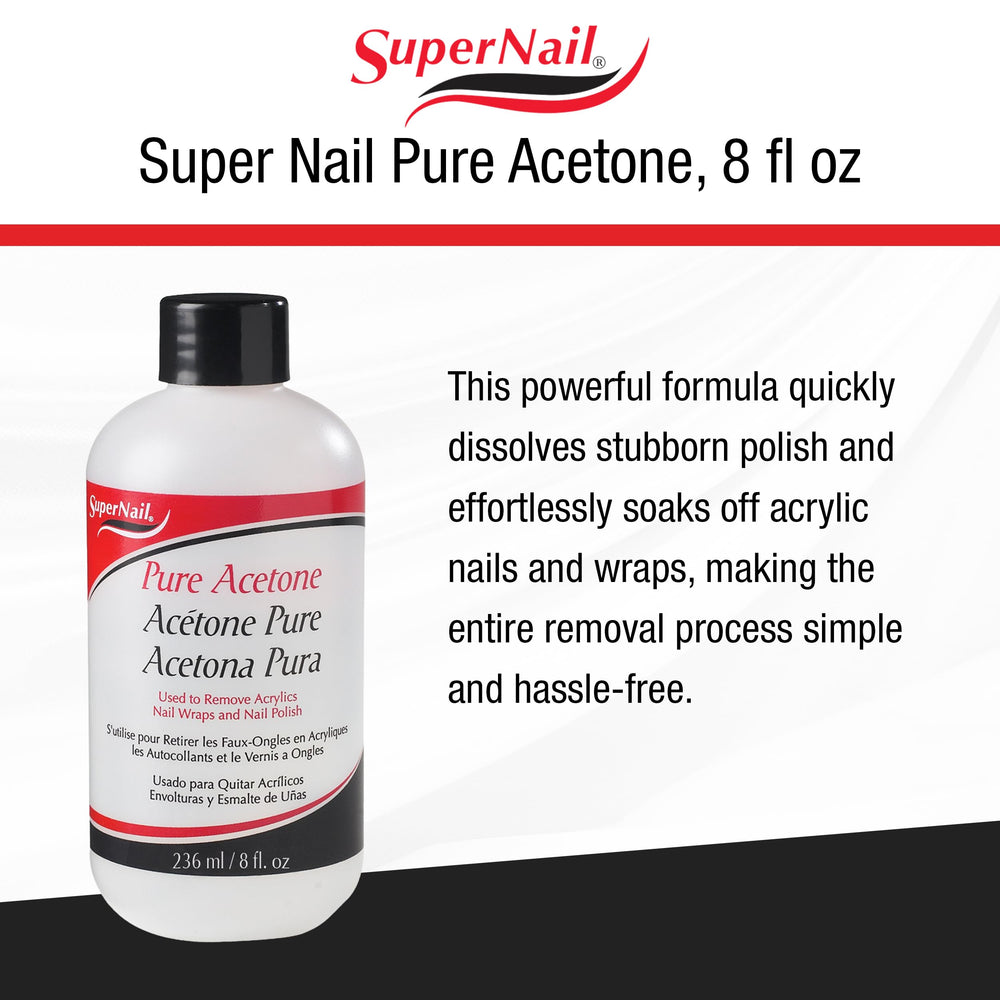 SuperNail acetona pura con etiqueta clara para uso seguro y preciso.
