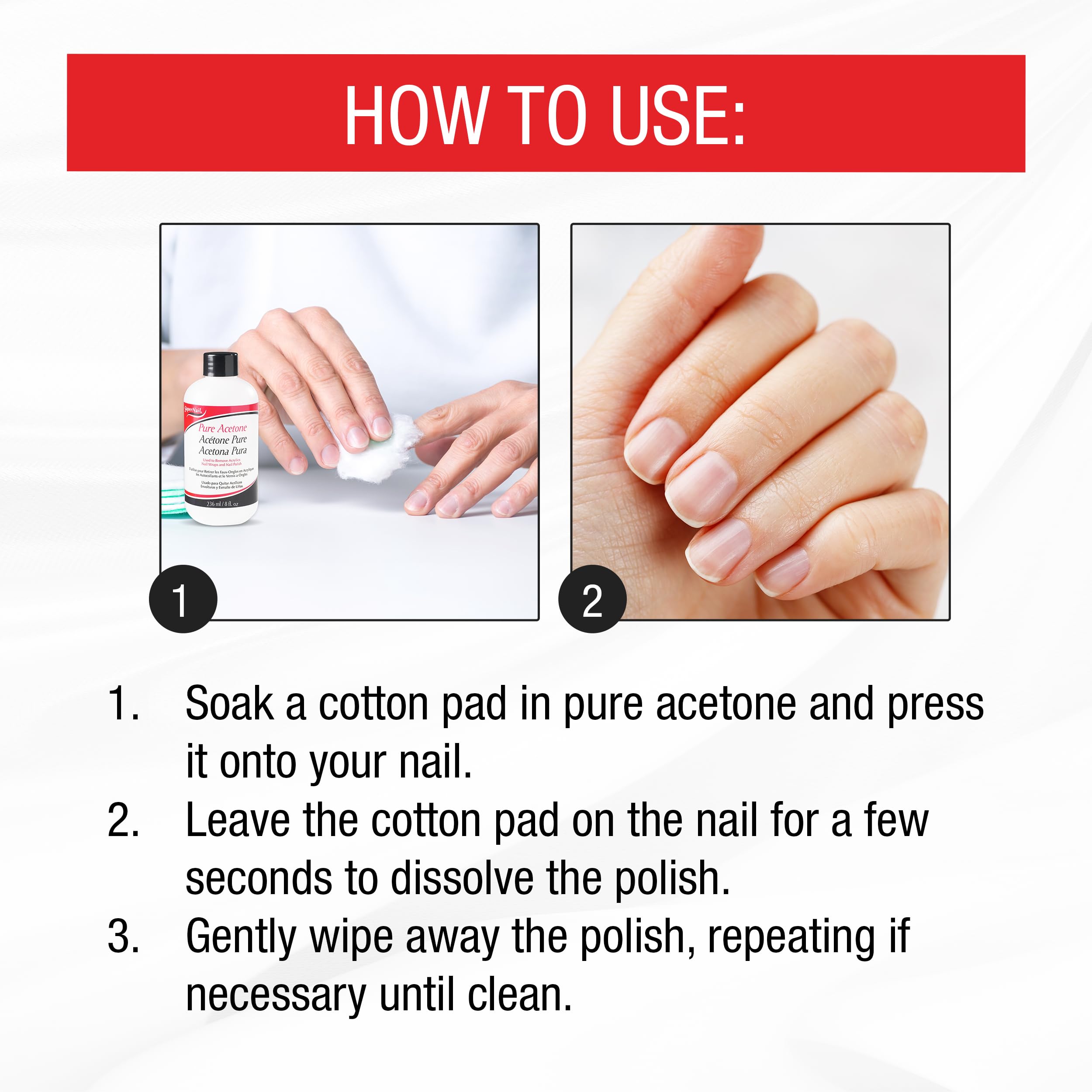 SuperNail acetona pura funciona en uñas acrílicas, gel y polvo de inmersion.
