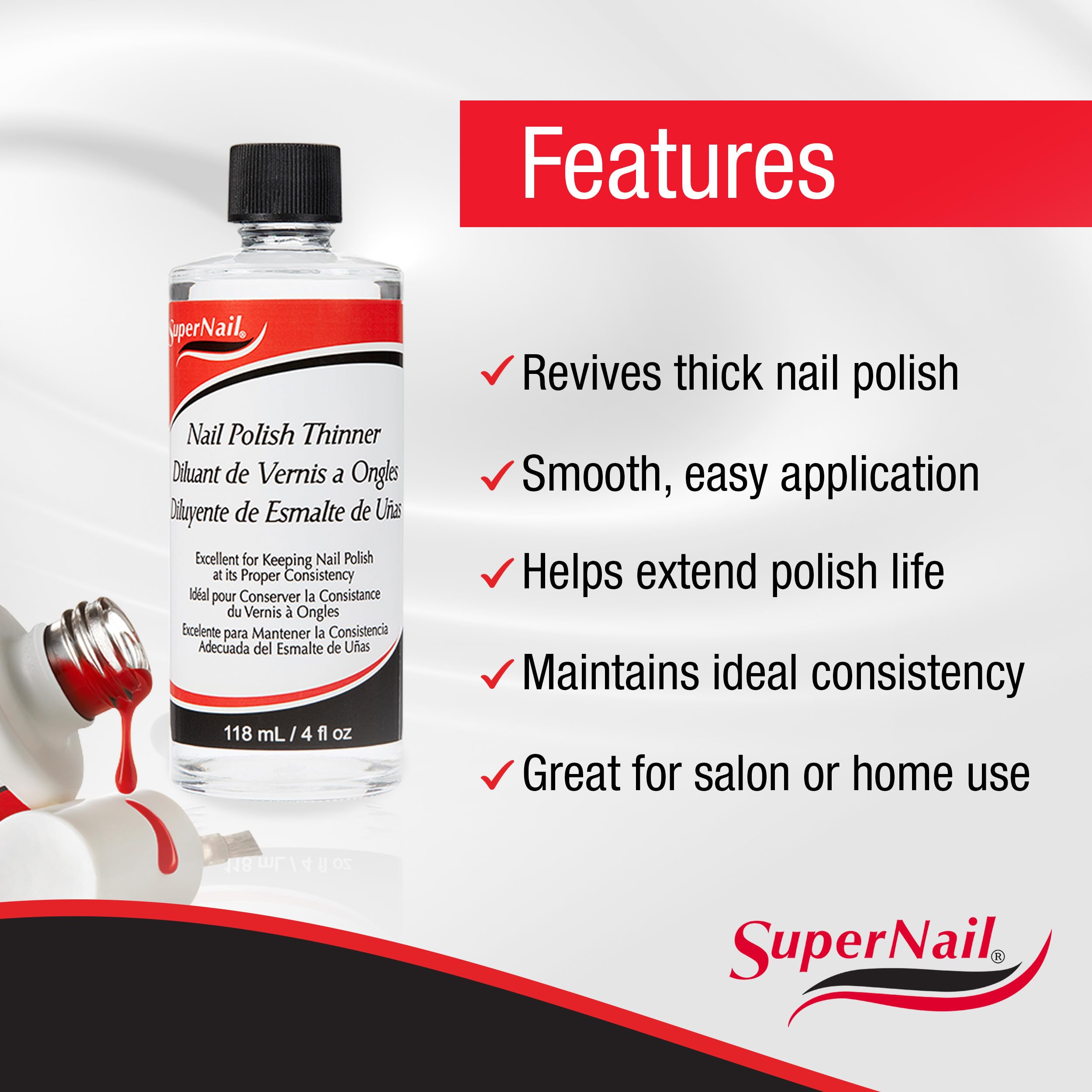 SuperNail Polish Thinner salon-ready-use highlights professional reliability for home and salon setups.