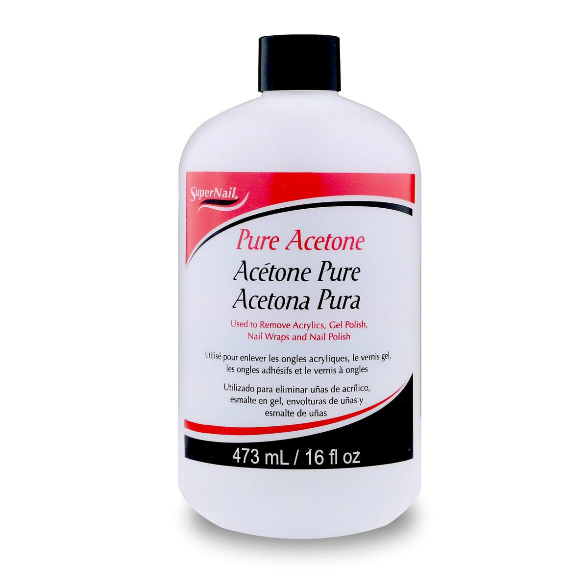SuperNail remover acetona pura, botella en primer plano, ideal para quitar esmalte rápidamente.