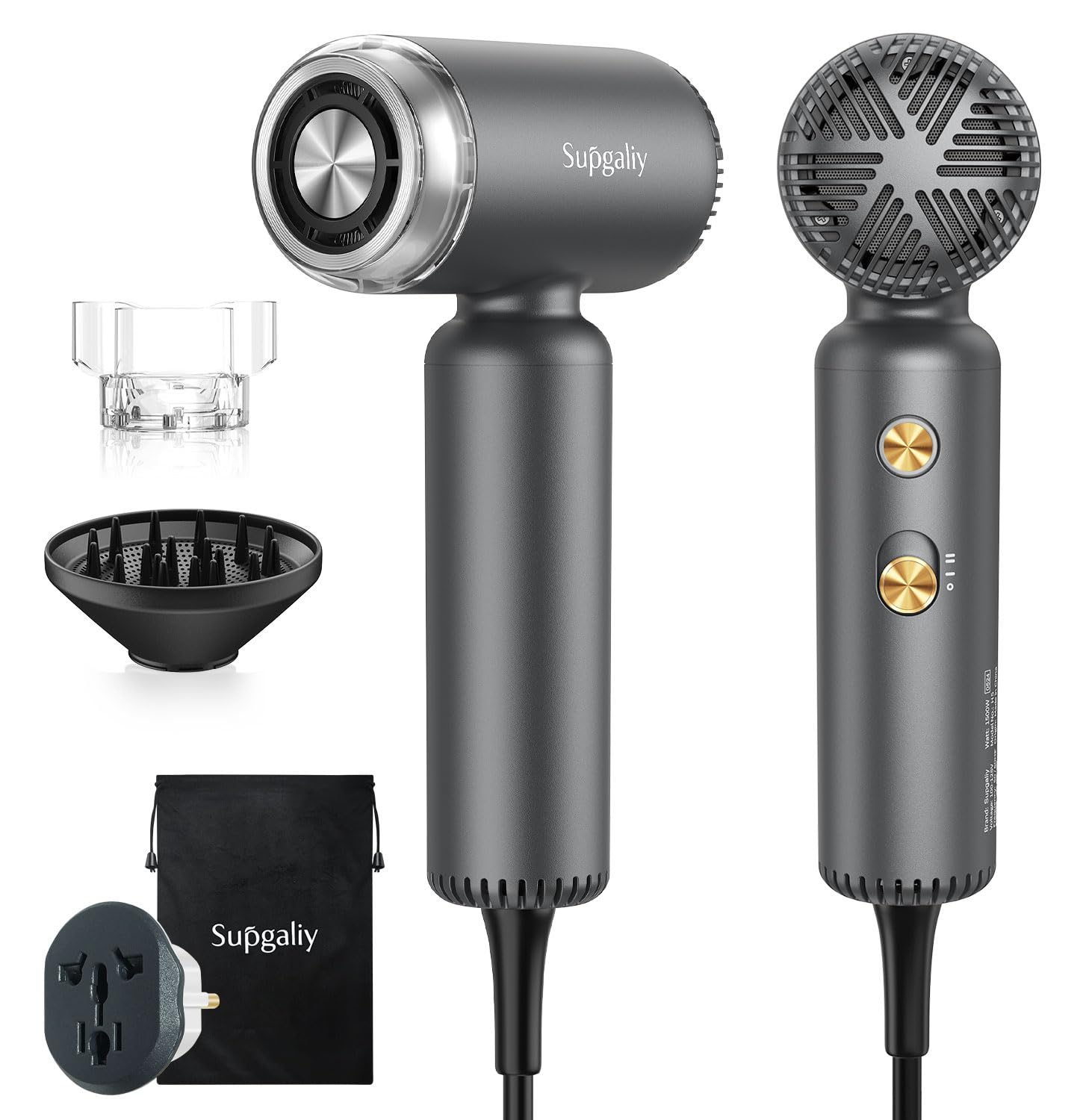 SUPGALIY dual voltage hair dryer front view, compact travel design for global use.