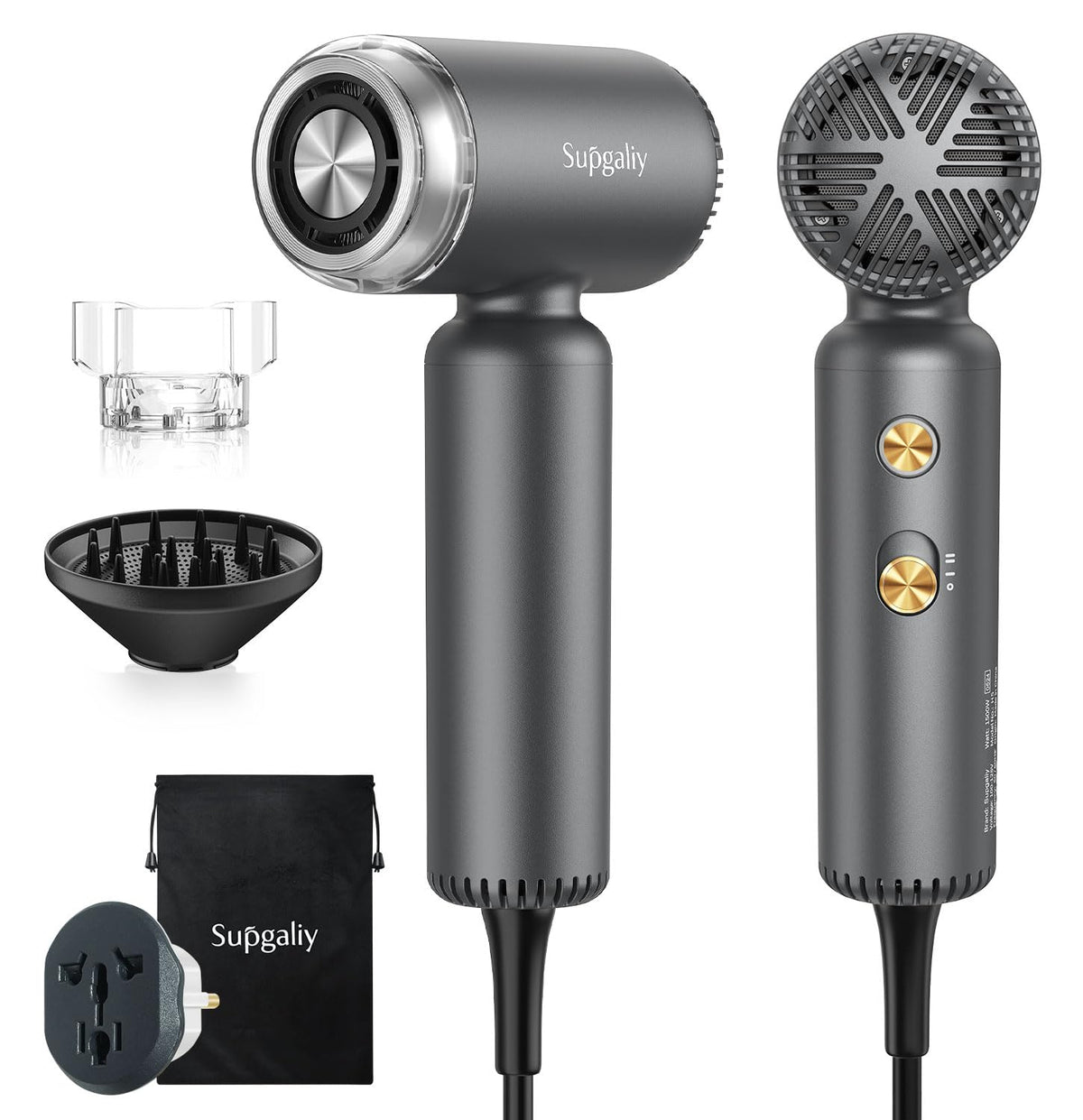 SUPGALIY dual voltage hair dryer front view, compact travel design for global use.