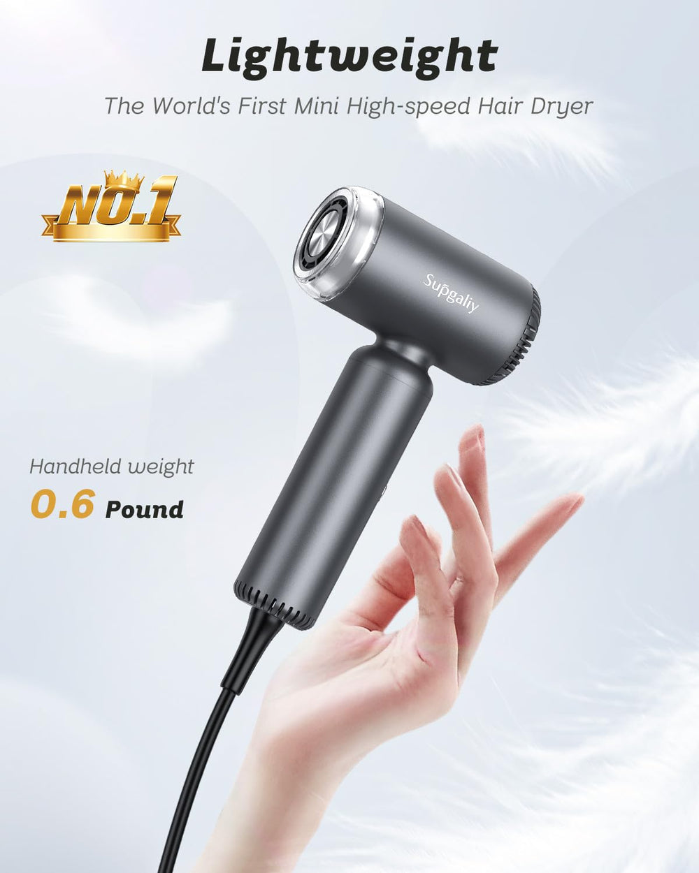 SUPGALIY dual voltage dryer side view highlighting lightweight ergonomic grip.