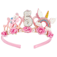 SuPoo 5th birthday headband with pink flowers for a princess look.