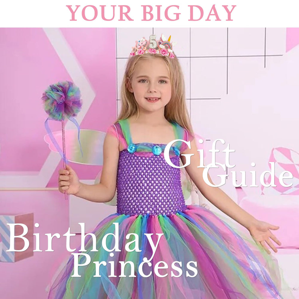 SuPoo pink flower pearl tiara adds charm to a birthday outfit.