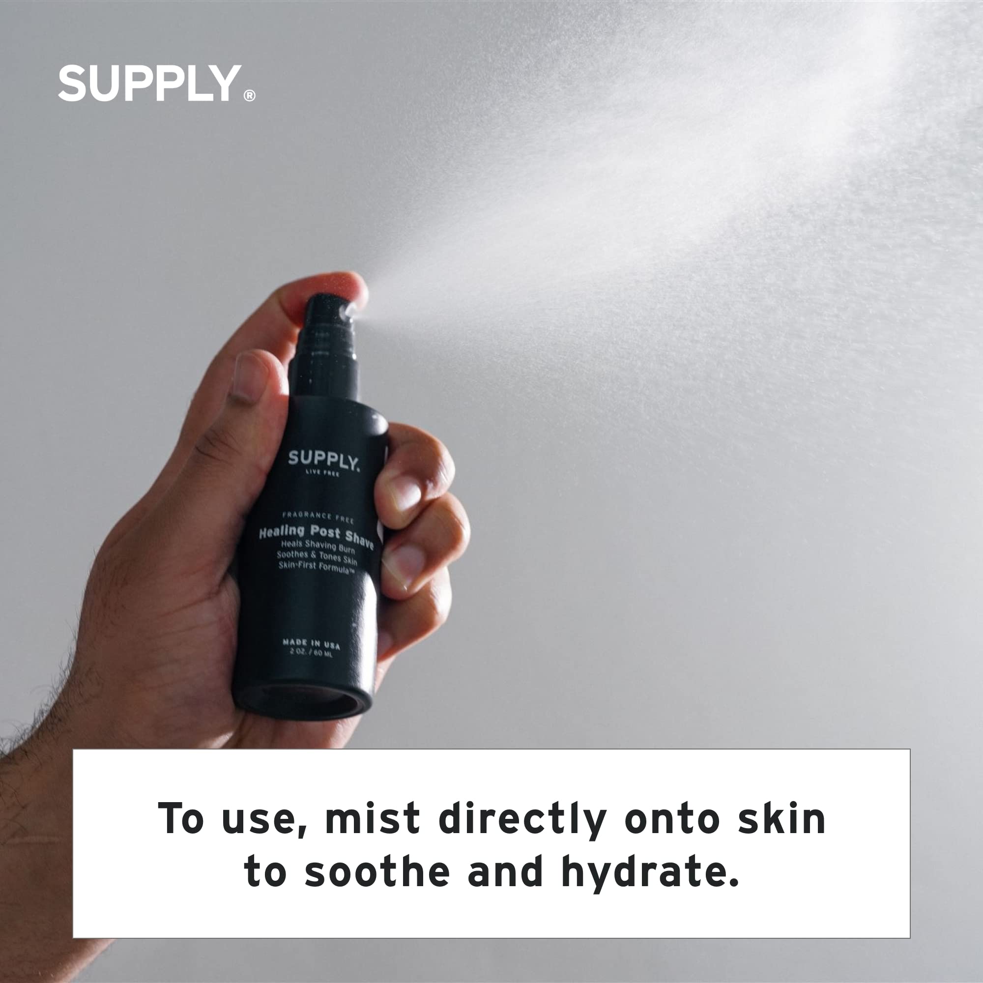 SUPPLY Healing Post Shave bottle pour enables quick, even application.