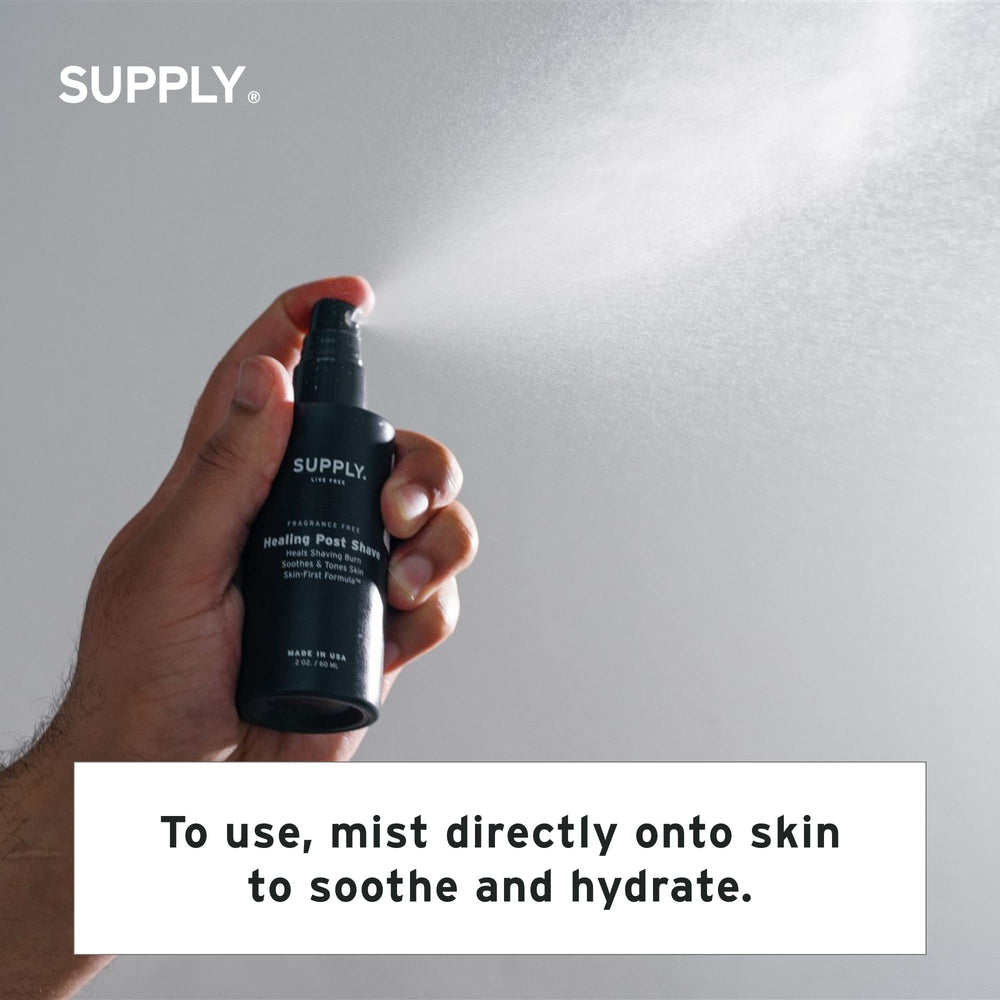 SUPPLY Healing Post Shave bottle pour enables quick, even application.