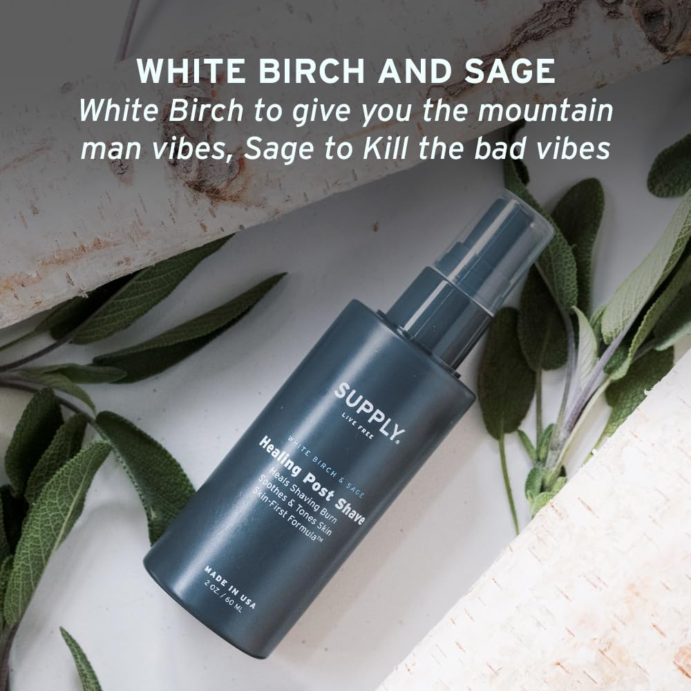 White Birch and Sage scent in Supply Healing Post Shave, smoky earthy aroma.