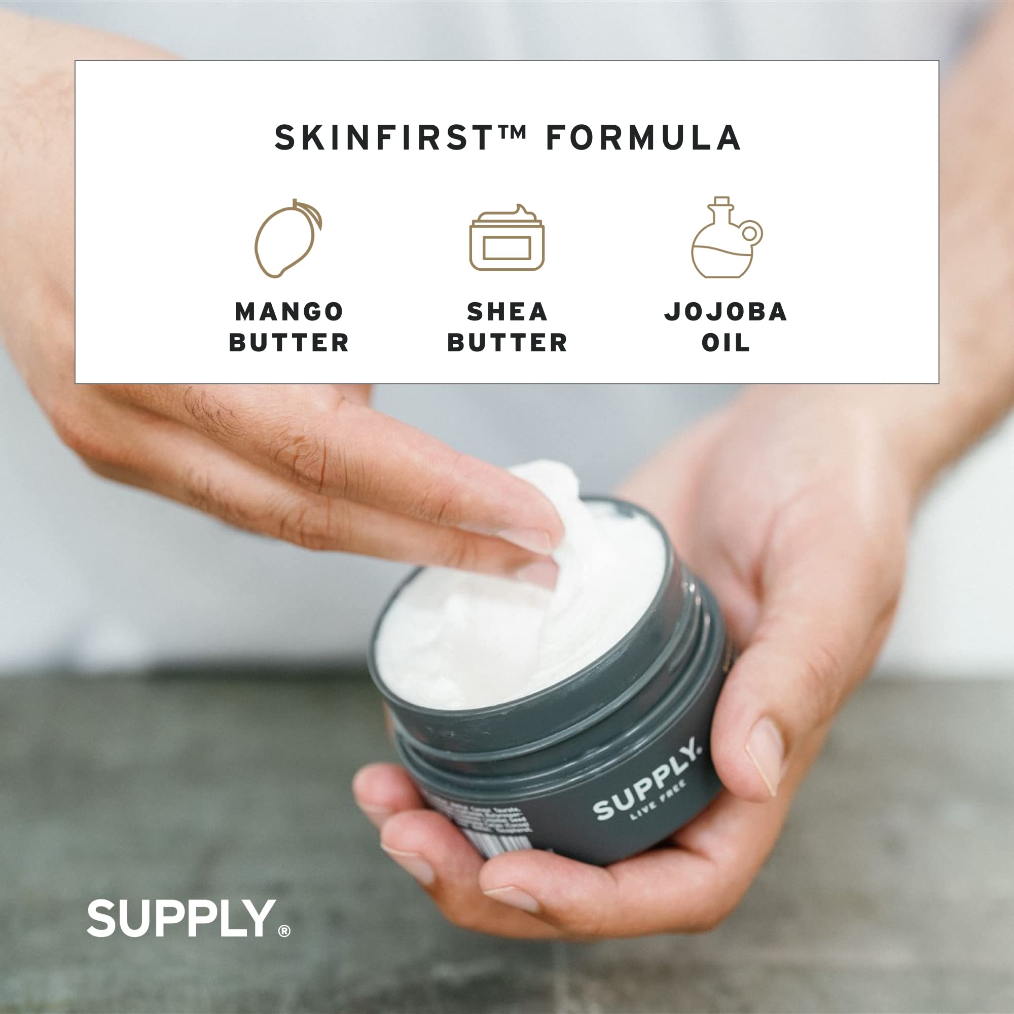 Supply plant-based shaving cream with aloe vera, jojoba oil, and shea for sensitive skin.