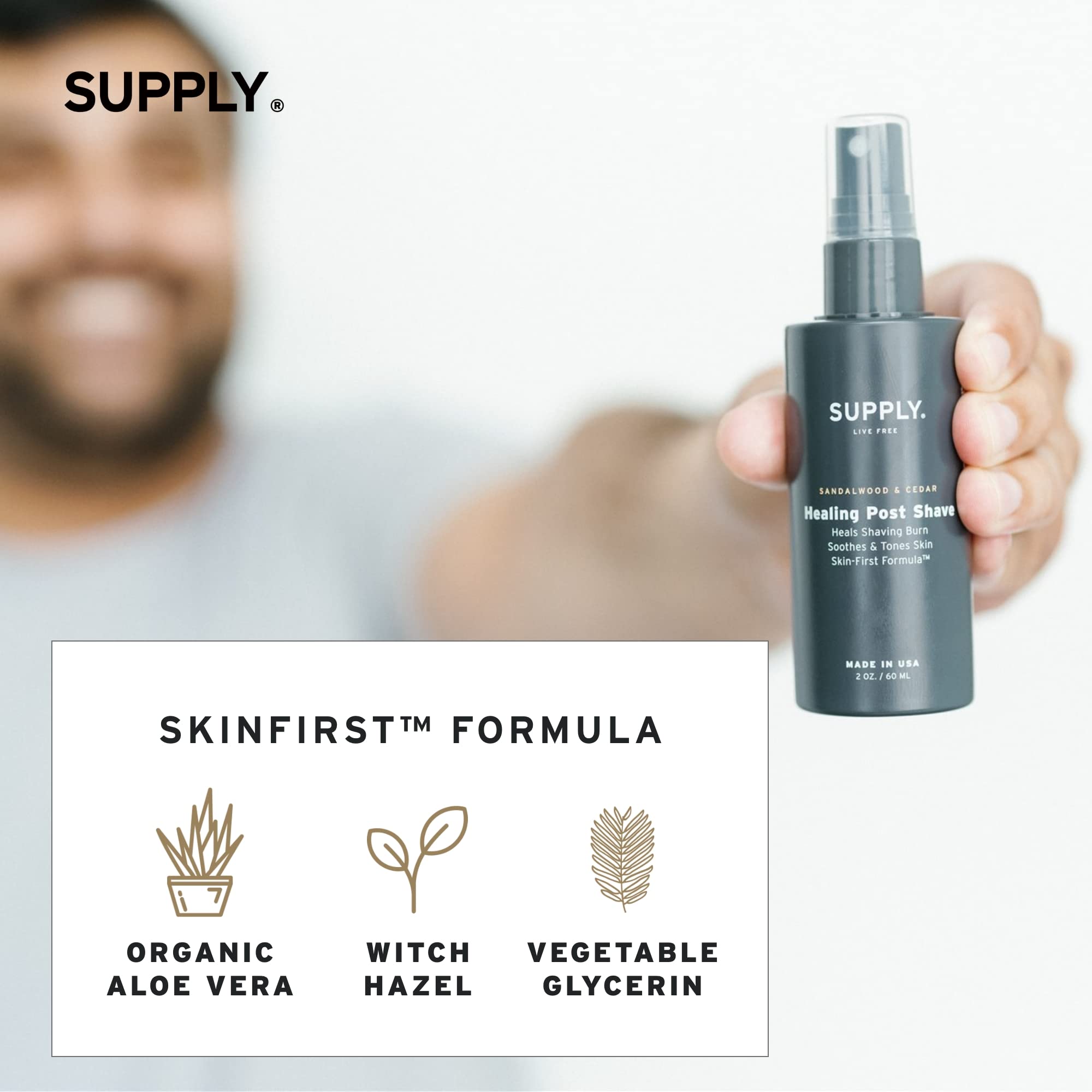 SUPPLY Healing Post Shave offers sandalwood and cedar scent for a refined post-shave ritual.