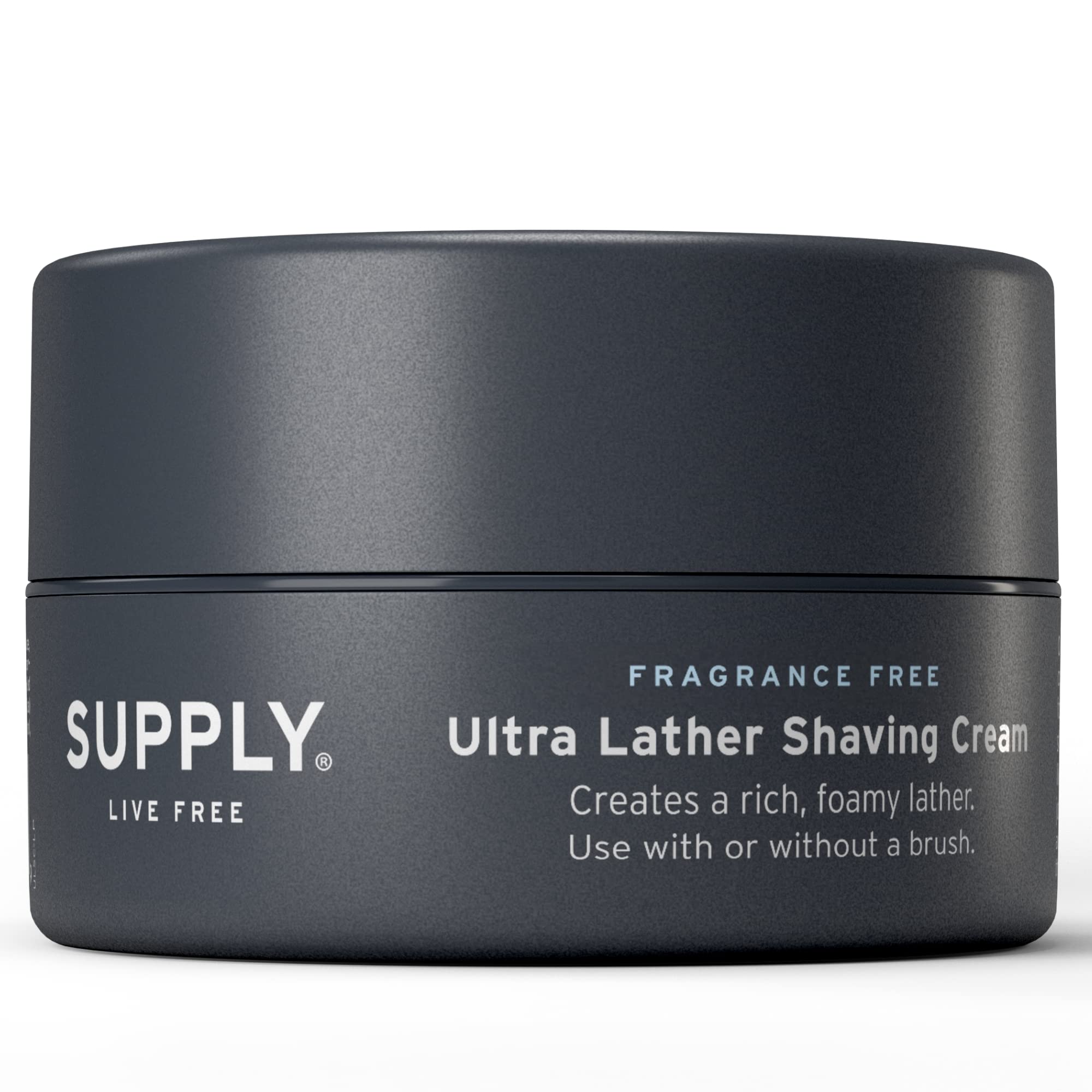 Supply Ultra Lather jar front view, fragrance-free formula for sensitive skin.