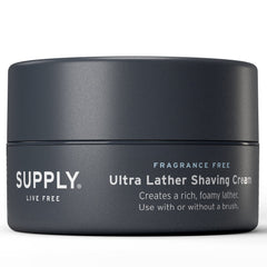 Supply Ultra Lather jar front view, fragrance-free formula for sensitive skin.