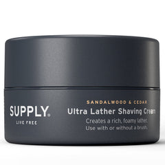 Supply Ultra Lather Shaving Cream jar with sandalwood-cedar scent for a smooth shave.