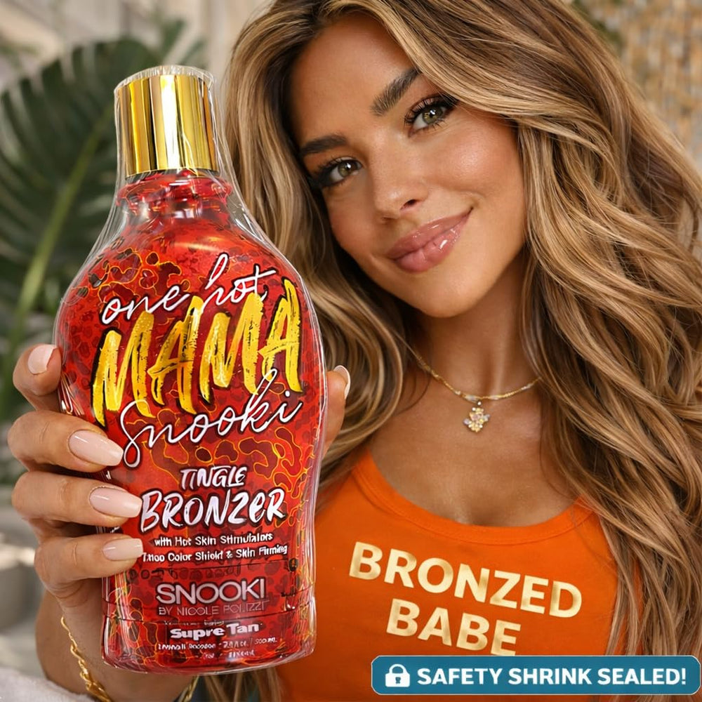 Supre Snooki tan glow finish showing hydrated, smooth skin glow.