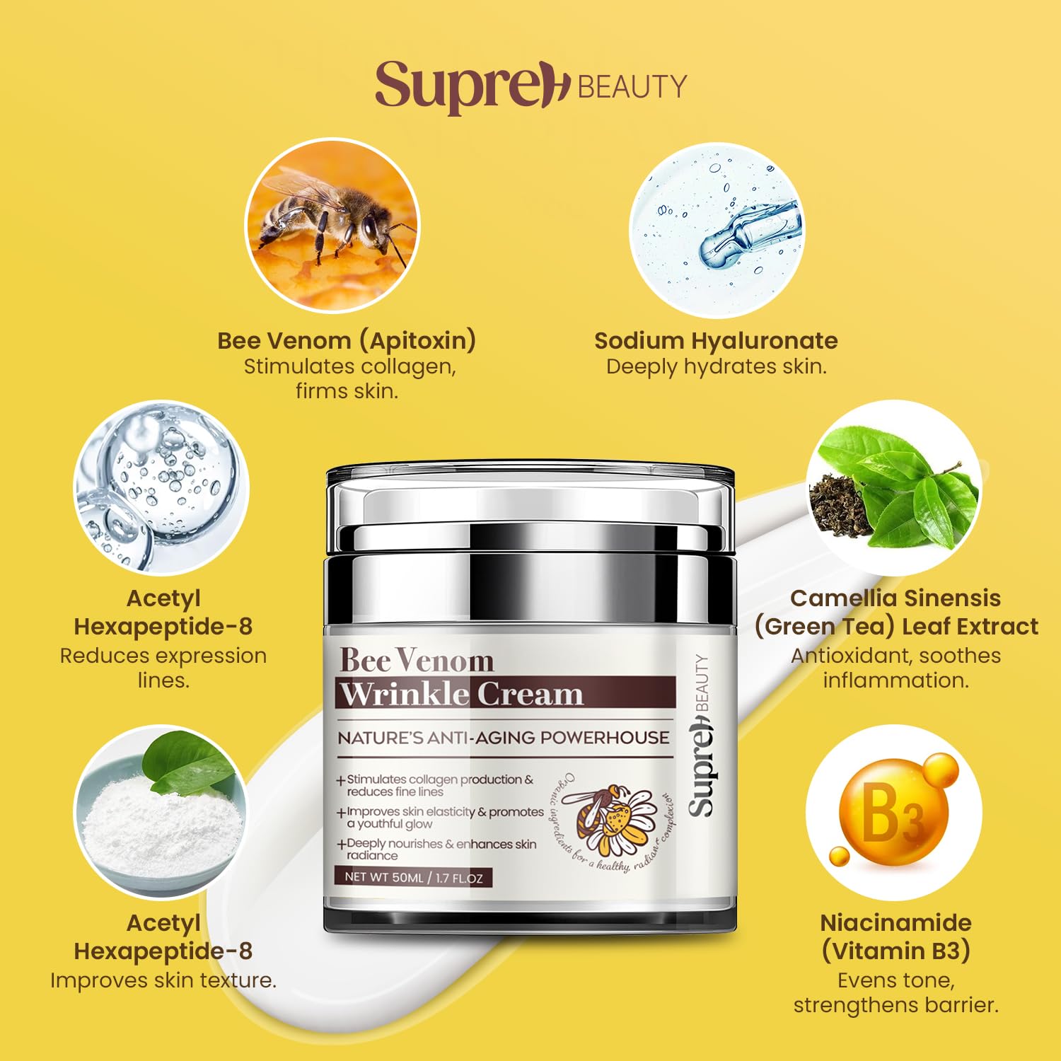 SupreH Bee Venom Cream being applied to the face for a firmer look