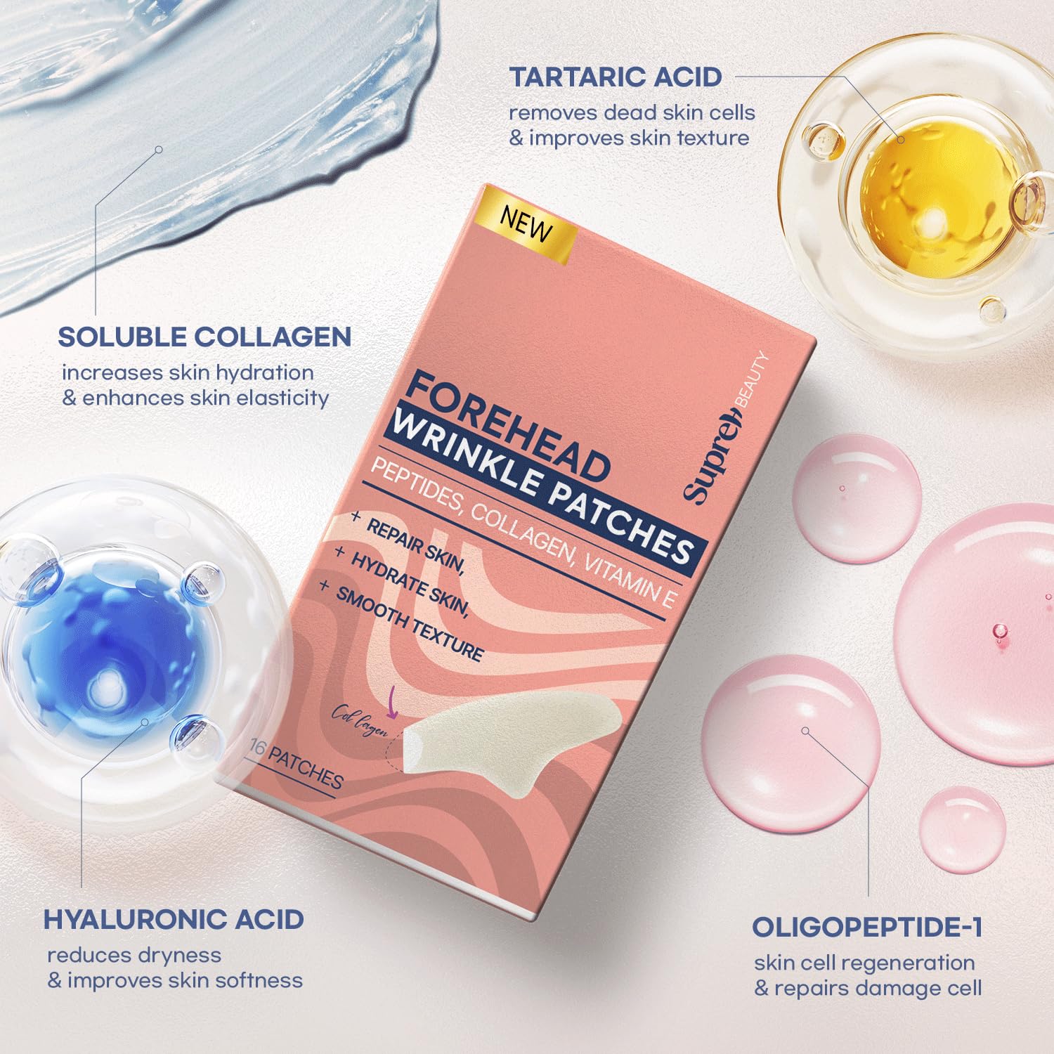 SupreH forehead wrinkle patches near bottle indicating hyaluronic acid ingredients