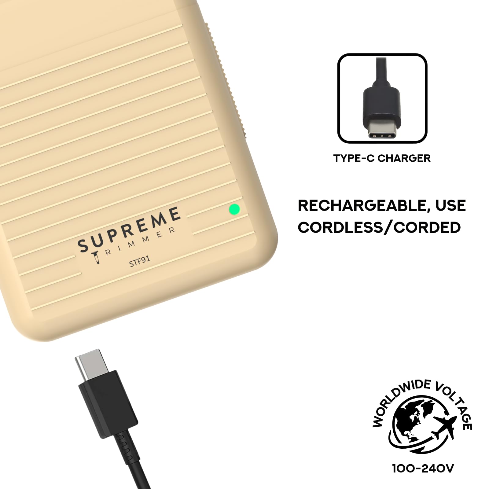 Supreme Trimmer Solo Lite LED indicator demonstrates battery status at a glance.