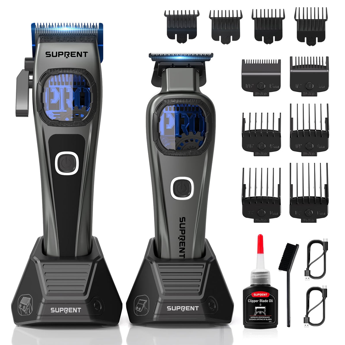 SUPRENT professional hair clipper with blue titanium blades for precise, smooth cuts.