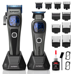 SUPRENT professional hair clipper with blue titanium blades for precise, smooth cuts.