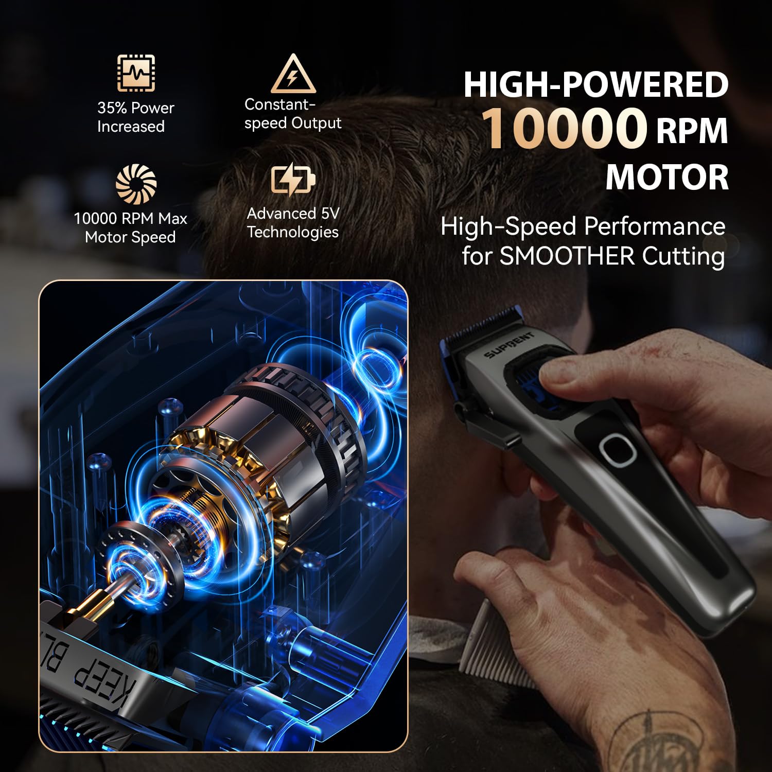SUPRENT zero-gap trimmer shown with diamond-like carbon blade for sharp lines.