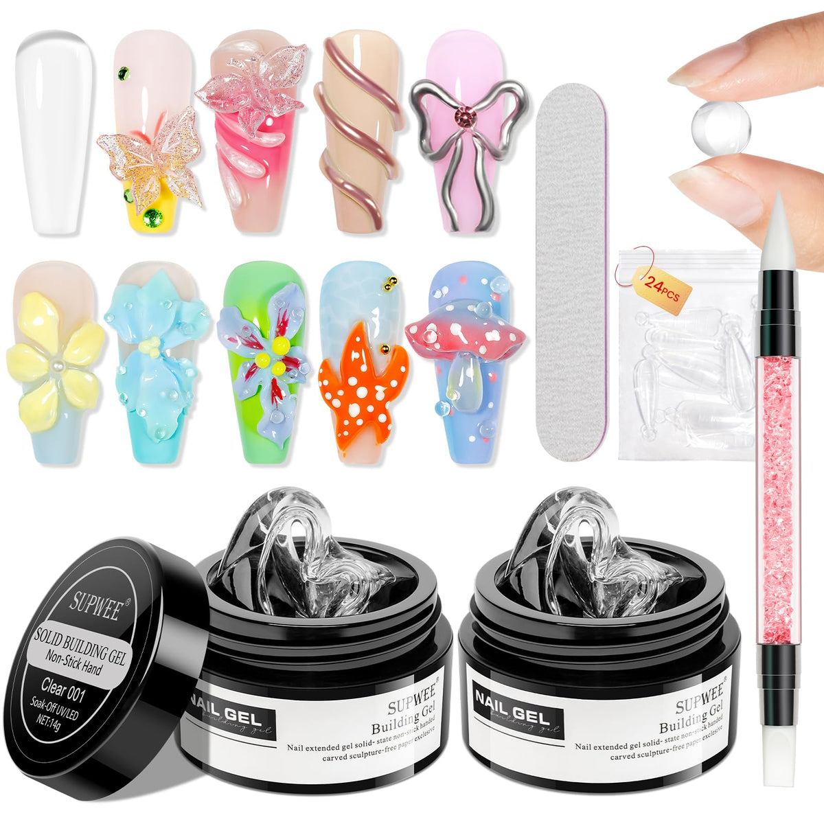 SUPWEE 2PCS Clear 3D Sculpting Gel kit for salon-quality home extensions.