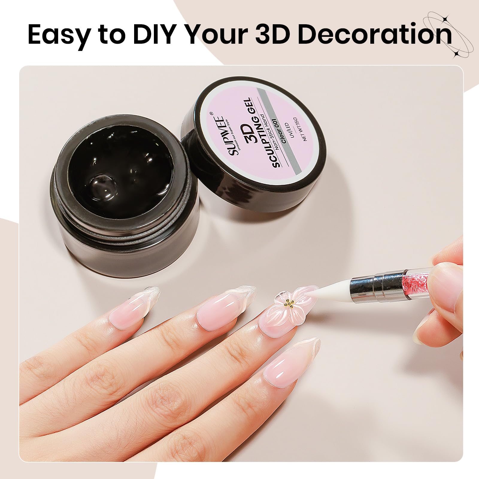 SUPWEE Gel 3D para uñas, curado prolongado para patrones gruesos
