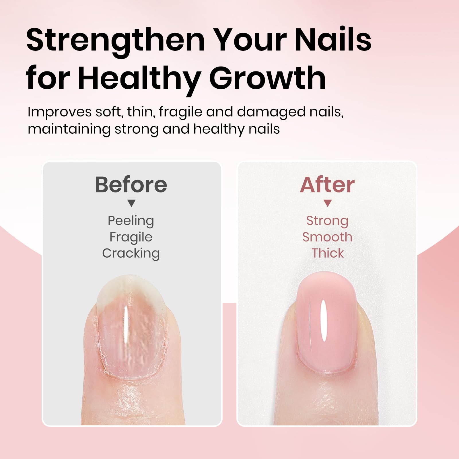 Close-up of nails shows ridge filling with SUPWEE nude polish.