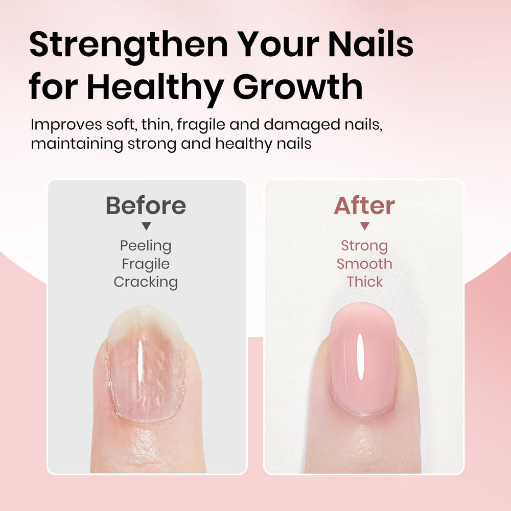 Close-up of nails shows ridge filling with SUPWEE nude polish.