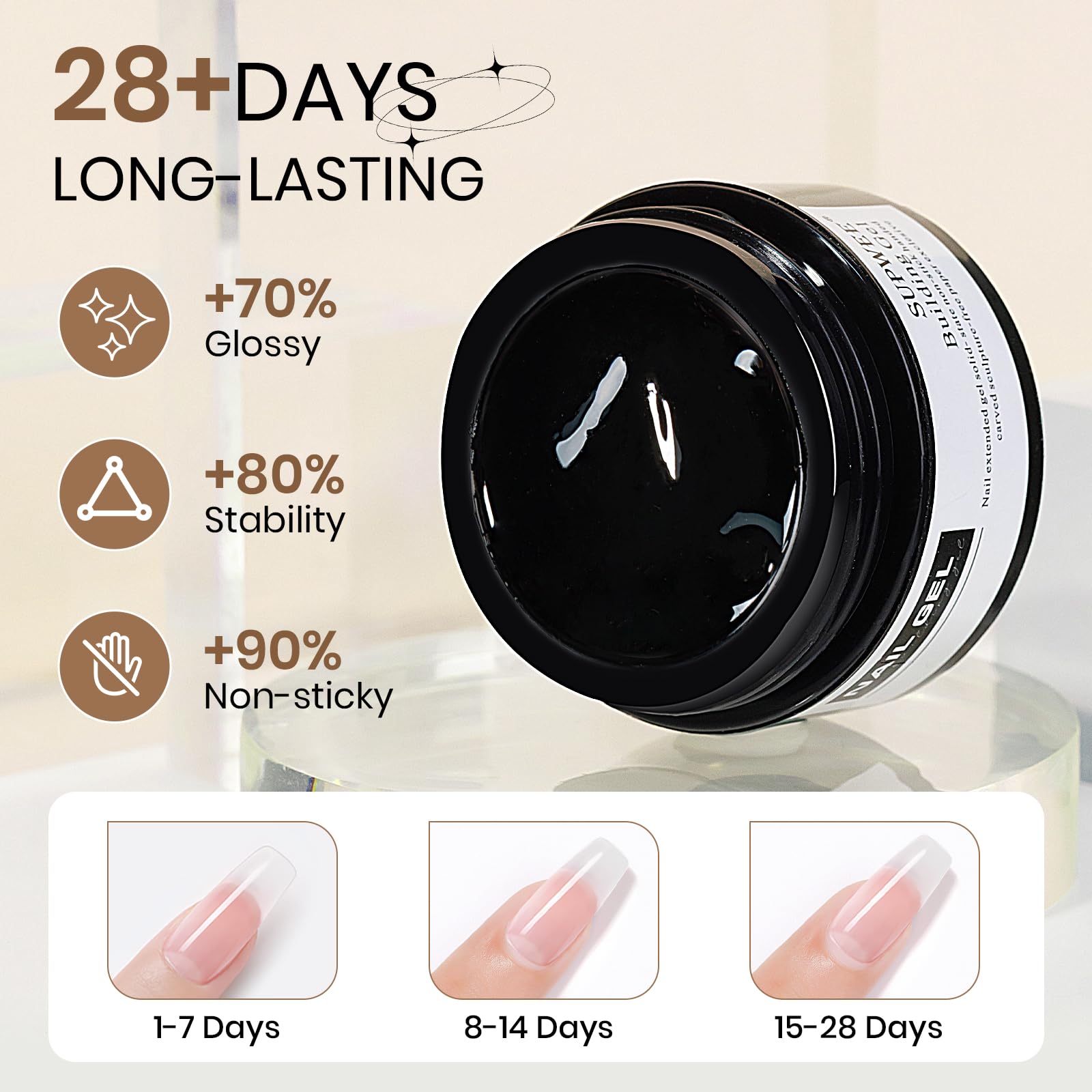 Solid builder gel providing strong, natural-looking extensions.