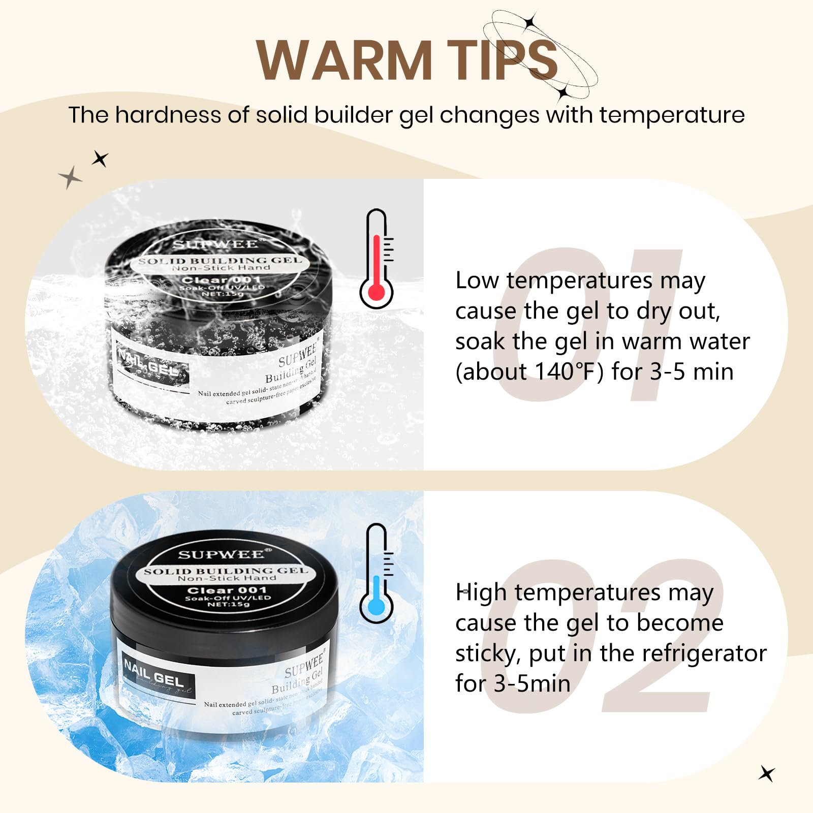 Warm tips guide for patterns and curing times with hard gel.