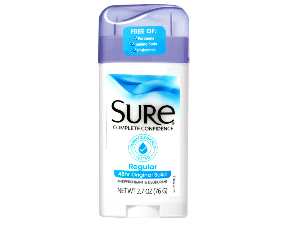 Sure desodorante sólido barra regular, textura suave para uso diario.